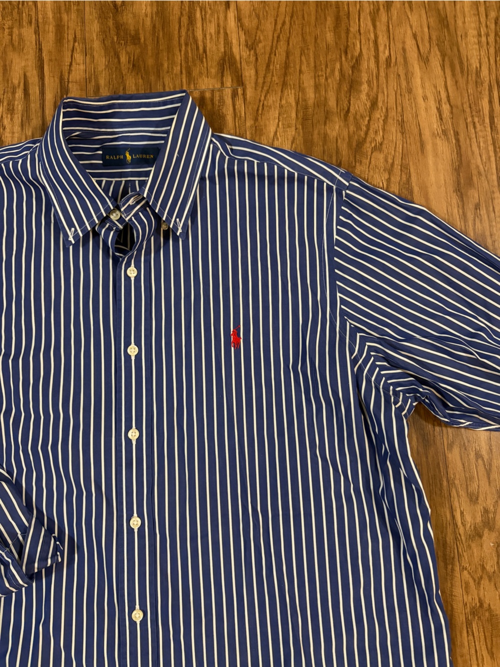 Ralph Lauren Blue and White Vertical Stripe Button-Down Shirt with Red Pony